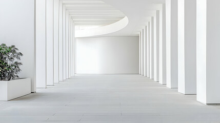 Modern Minimalist White Interior Architecture With Curved Walls And Pillars In An Empty Hallway With Bright Lighting