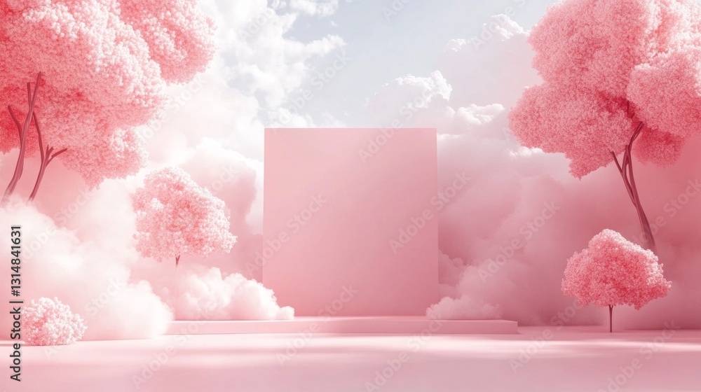 Aufkleber Soft pink trees rise from a gentle mist, framing a large blank structure under fluffy clouds. This whimsical setting invites daydreams and evokes a sense of wonder