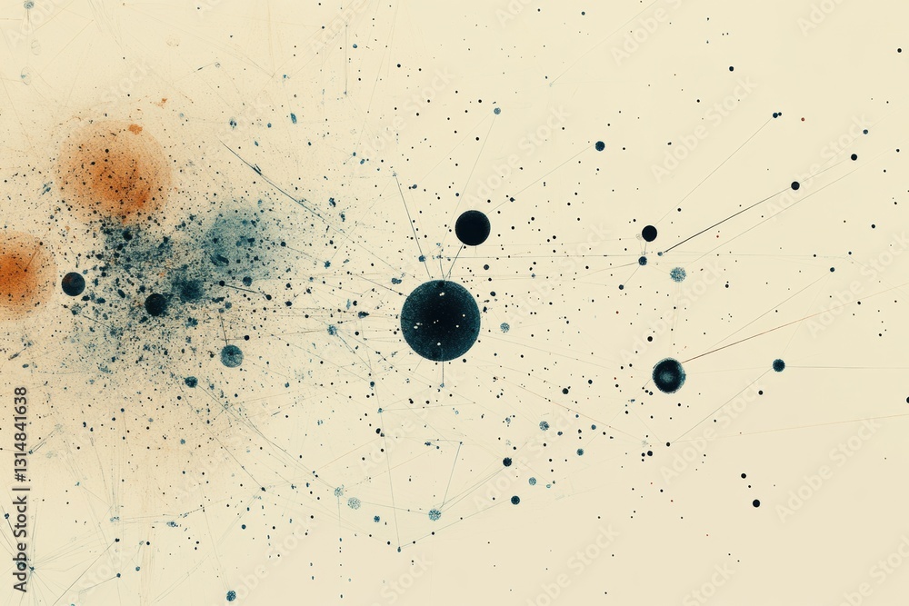 Poster Dynamic abstract network connections with nodes and shapes on light toned background for creative design space