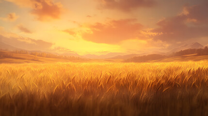 Fototapeta premium A vast wheat field illuminated by the golden glow of sunset.