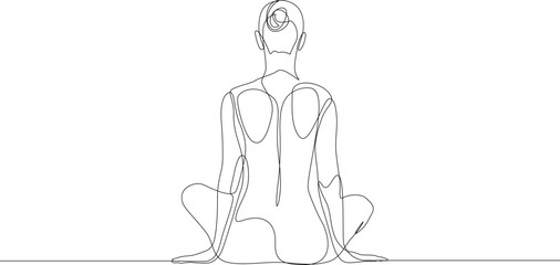 Naked woman sitting continuous one line drawing, rear view. Woman in mediation minimalist trendy line art. Contour vector illustration.