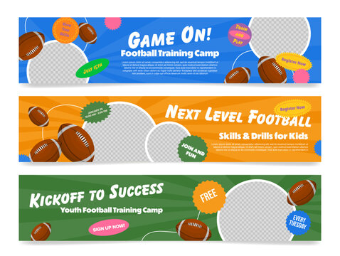 Football training camp banners promoting skills and drills for youth players in various vibrant designs