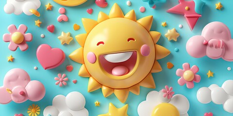 Cute cartoon style clay with a glossy plastic texture on a blue background with a yellow sun and white clouds 