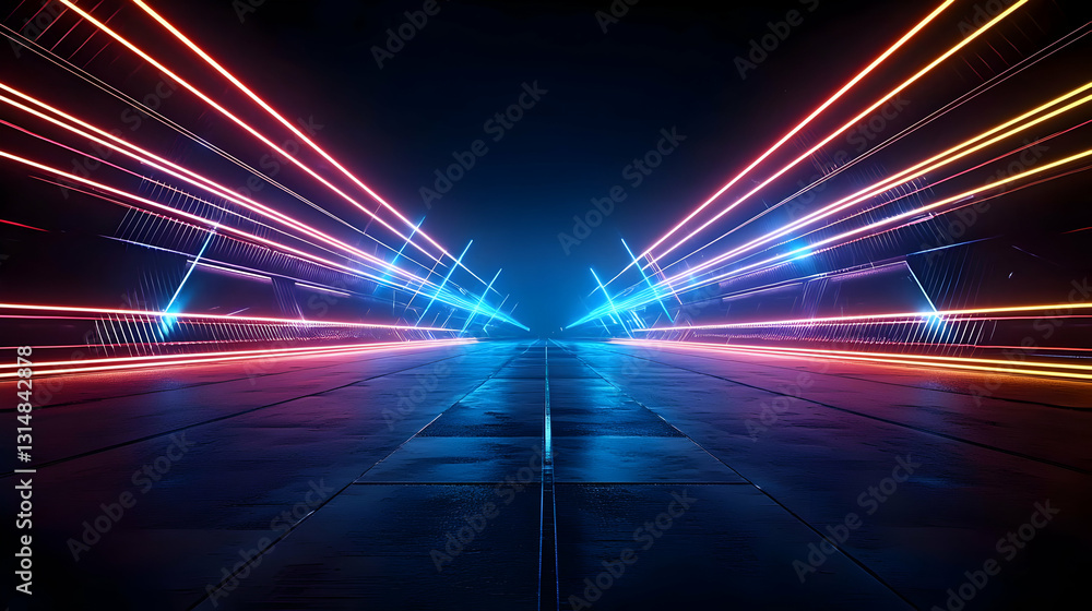 Poster dynamic neon lights illuminating a dark futuristic tunnel with a tiled floor and motion blur effects
