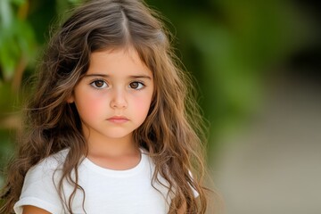 Fototapeta premium Beautiful young girl with long wavy brown hair and intense eyes gazing seriously at the camera with a blurred green background