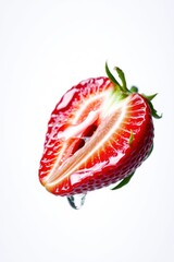 Juicy Strawberry Slice with Water Droplet Against White Background