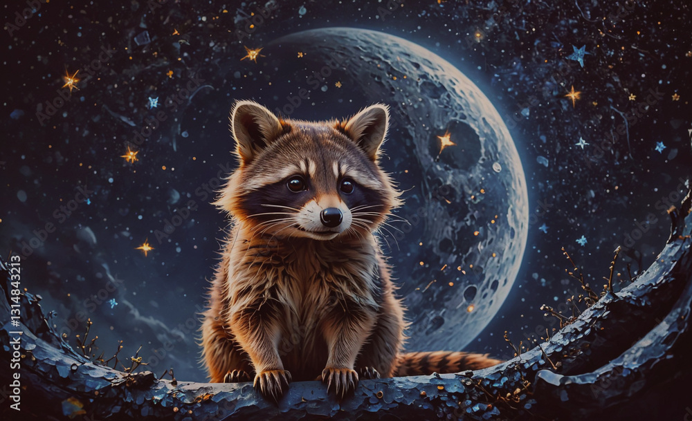 Poster raccoon is sitting on a branch next to a full moon. the image has a dreamy, whimsical feel to it, wi