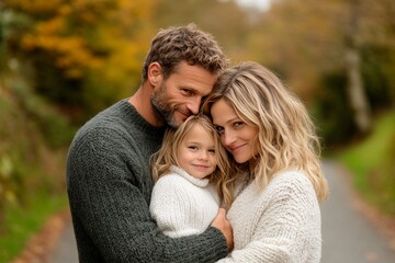 Fototapeta premium Romantic couple wrapped in cozy sweaters holding their child close while walking through a tree lined park in autumn golden light