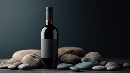 Elegant red wine bottle placed artistically among smooth pebbles on a dark surface