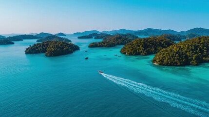 Obraz premium Dreamy Aerial View of Tropical Island Chain Surrounded by Crystal Clear Blue Water