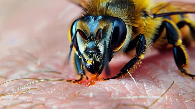 Honey bee piercing human skin, injecting venom droplet during defensive moment, revealing microscopic biological conflict