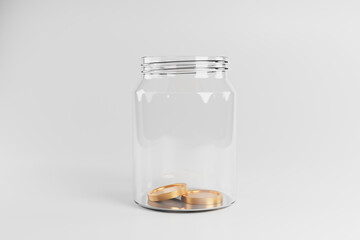 Two gold coins in a glass jar. money saving concept. 3d rendering
