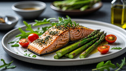 Grilled salmon fillet with asparagus, cherry tomatoes, and arugula, elevating healthy dining
