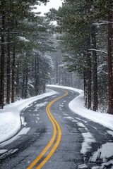 Serene winter journey on a winding road through a snow covered forest landscape with tall trees and yellow lines creating a peaceful mood