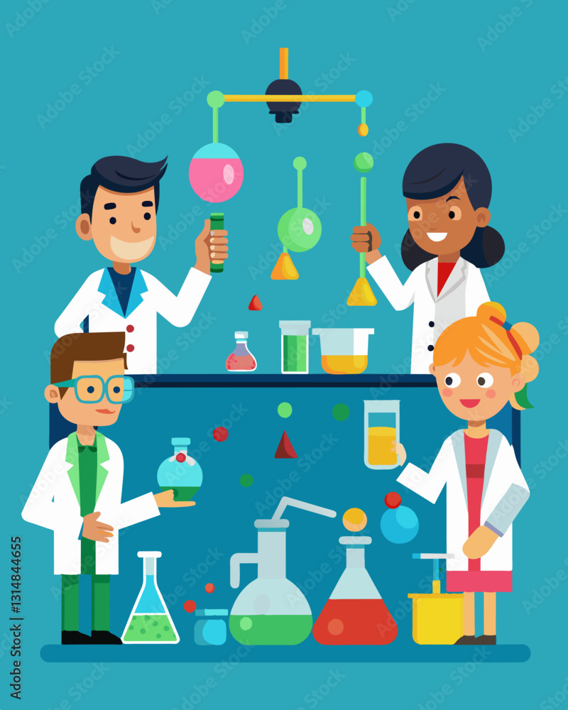 Poster surrounded by beakers funnels and flasks a group of students in a science lab carefully measure and 