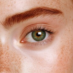 Obraz premium Extreme close up of a green eye with freckles and detailed eyebrow reflecting light in high resolution macro photography