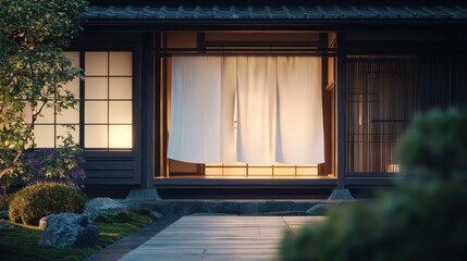 Serene Kyoto Tea House with Delicate Noren and Tranquil Garden Surroundings at Dusk