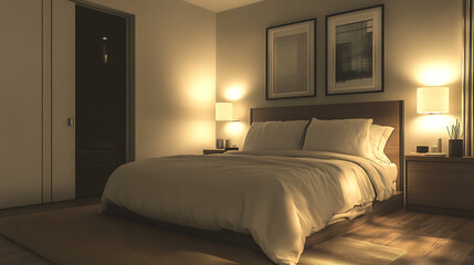 A bedroom with a bed, nightstand, and lamp
