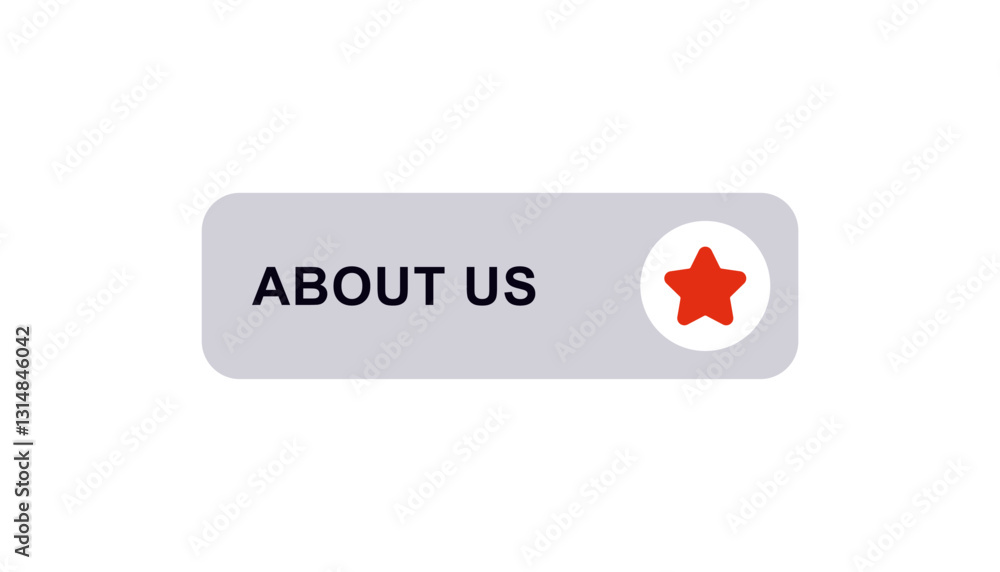 Poster a button with clear about us text and a red star graphic on a light gray design concept.
