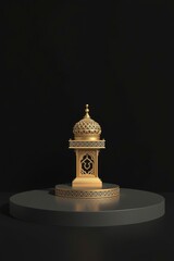 Golden Ramadan Lantern on Dark Podium Islamic Festive Decoration