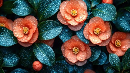 Coral Camellias, Dew-kissed Garden