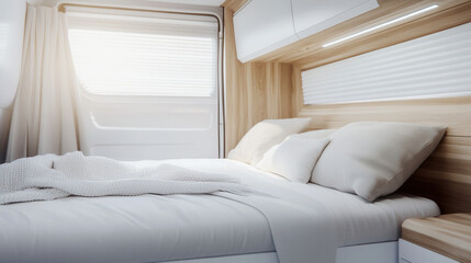 Cozy bedroom setup modern camper interior design minimalist style bright lighting comfort concept