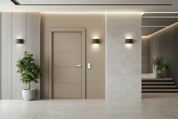 Minimalist decor complements flush door in subtle 2025 color.