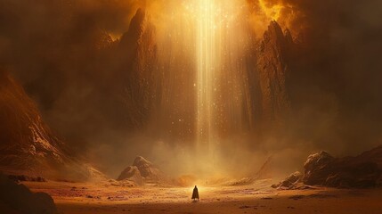 Fototapeta premium A Solitary Figure Gazing at a Glowing Light Beam in a Mountainous Desert Landscape