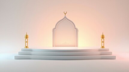 Ramadan Decoration Featuring Crescent Moon and Gold Lanterns on a Platform