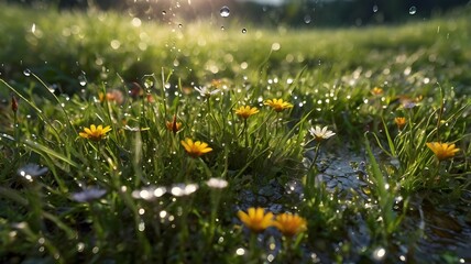A dramatic visual of a rainstorm sweeping over an arid village, with dry, cracked soil softening under the rain’s touch, while vibrant plants push through the wet ground, and the horizon glows with ra