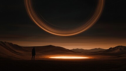 Fototapeta premium Lone Figure Stands at the Edge of a Glowing Crater Under a Cosmic Ring in a Desert Landscape