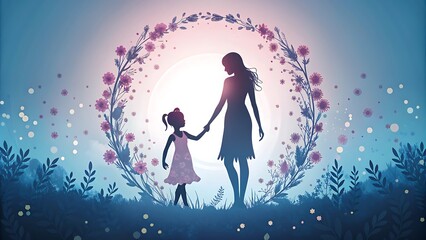 Silueta de una madre y una hija tomadas de la mano, rodeadas de una corona floral, que simboliza el amor generacional, el v&iacute;nculo familiar y la conexi&oacute;n maternal.