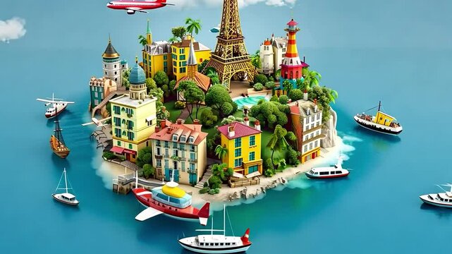 Whimsical mini world with Eiffel Tower and colorful buildings on an island. Generative AI
