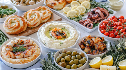 Fototapeta premium A lavish spread of Mediterranean cuisine features olives, seafood, roasted vegetables, and golden pastries, inviting culinary exploration.