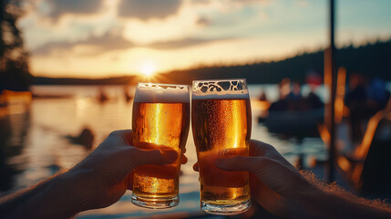 Two hands clink glasses of cold beer against a golden sunset, reflecting on calm waters, evoking a sense of joy and relaxation.