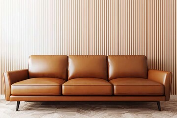 Fototapeta premium High-end caramel sofa on espresso-striped wall, airy elegance.