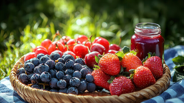 A vibrant basket of strawberries, blueberries, and cherries glistens with dewdrops, accompanied by a jar of luscious homemade jam. - Powered by Adobe