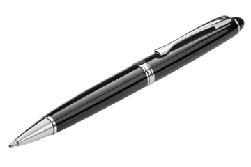 A black pen with a silver clip isolated on transparent background
