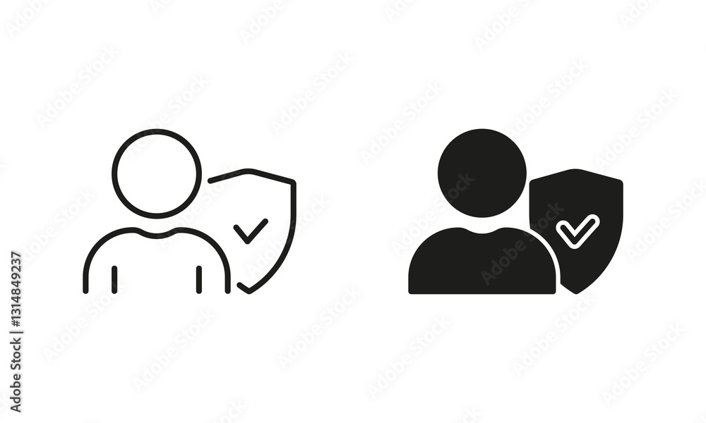 Poster shield protect person line and silhouette icon set. safety in business. secure authentication, human