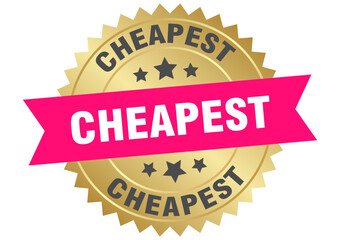 cheapest. cheapest round pink and gold label isolated on transparent background
