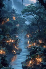 Enchanting twilight jungle landscape with a winding river and glowing lanterns among lush greenery and vibrant foliage.