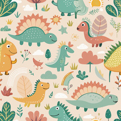 Dinosaur Delight Pattern: A cheerful and vibrant illustration showcases a repeating pattern of adorable cartoon dinosaurs, flowers, suns, and rainbows, perfect for children's products and designs.