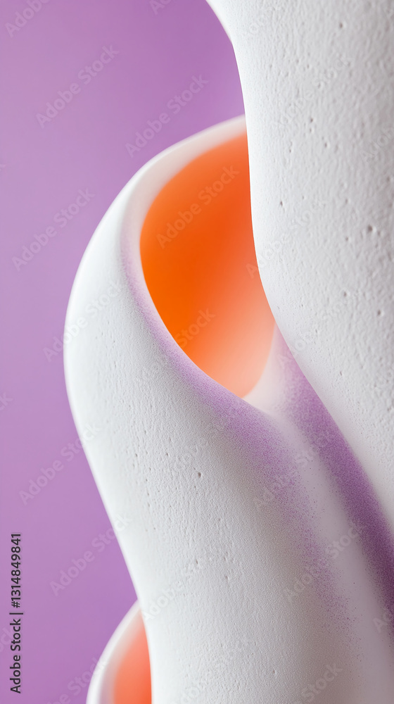 Poster close-up of textured white forms with orange and purple accents, creating an abstract, sculptural ap