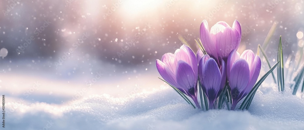 Poster captivating crocus blooms emerging through fresh snow in a gentle winter light with soft focus and d