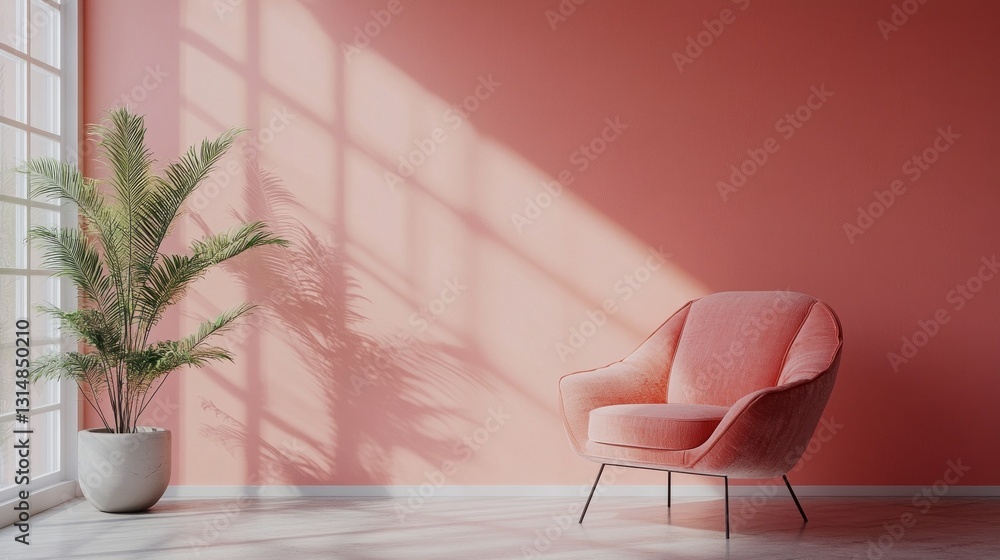 Poster sunlight streams through a large window, casting soft shadows in a chic room featuring a coral pink 