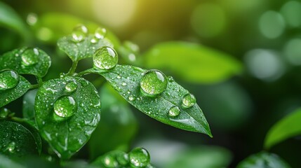 Fototapeta premium Dewdrops on Lush Green Leaves