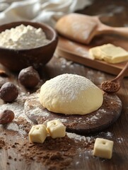 Fototapeta premium Dough Preparation on Wooden Surface with Flour Cocoa Butter and Kitchen Utensils in Warm Light