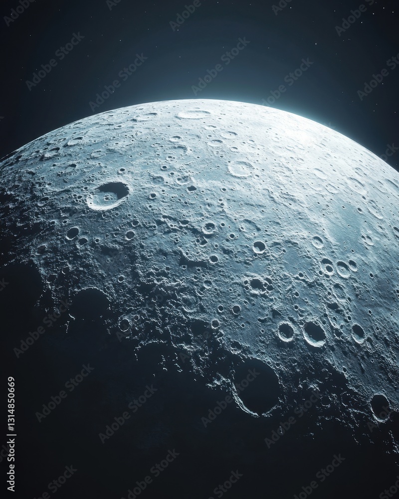 Poster dramatic close up of the moon surface with craters in deep space against a starry background celesti