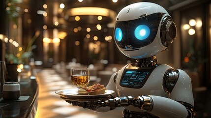 A futuristic robot with a sleek, glossy design holds a tray with two drinks and a bowl of fruit.