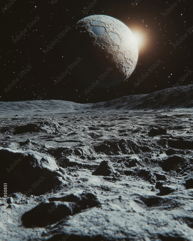 Poster cratered lunar surface with distant sun and starry sky creating a serene and awe inspiring space exp